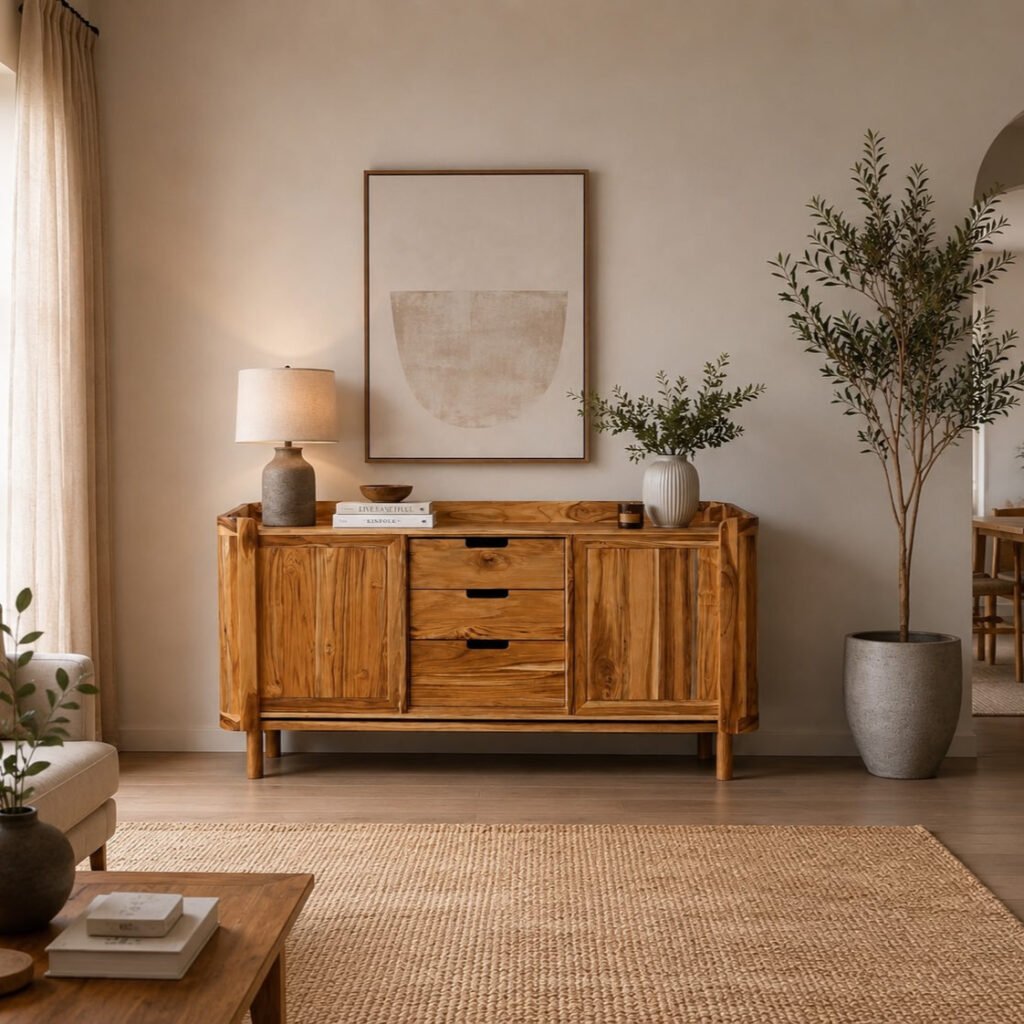 Aurora Sideboard handcrafted from solid teak wood featuring two spacious cabinets, three central drawers, natural teak finish, measuring 160 × 45 × 78 cm.
