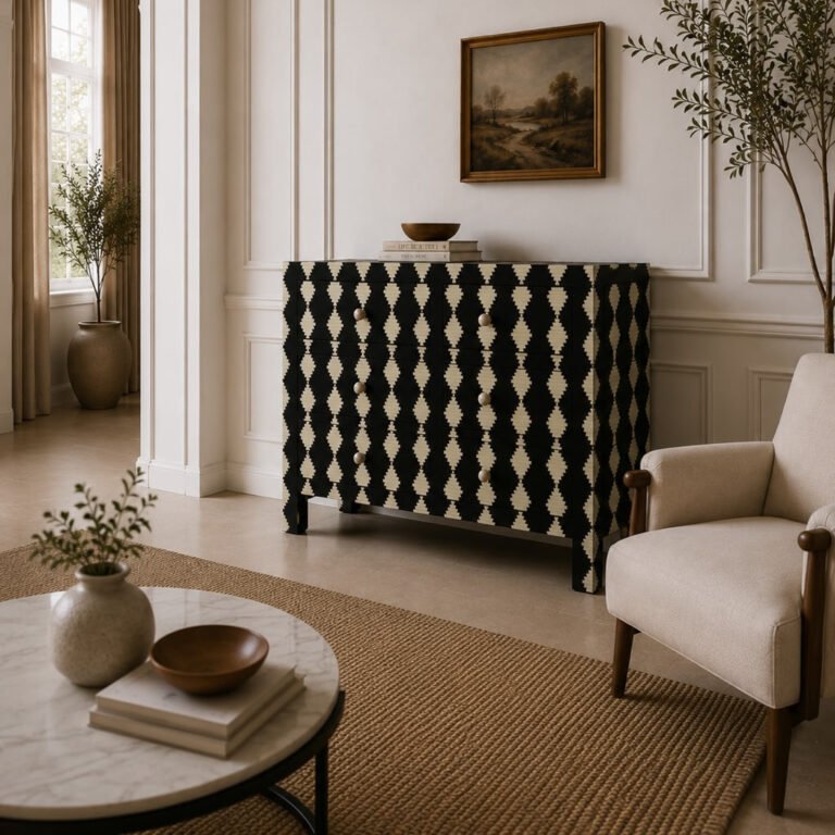 Monarch Bone Inlay Chest handcrafted with black and white geometric bone inlay, six storage drawers, measuring 140 × 45 × 90 cm.