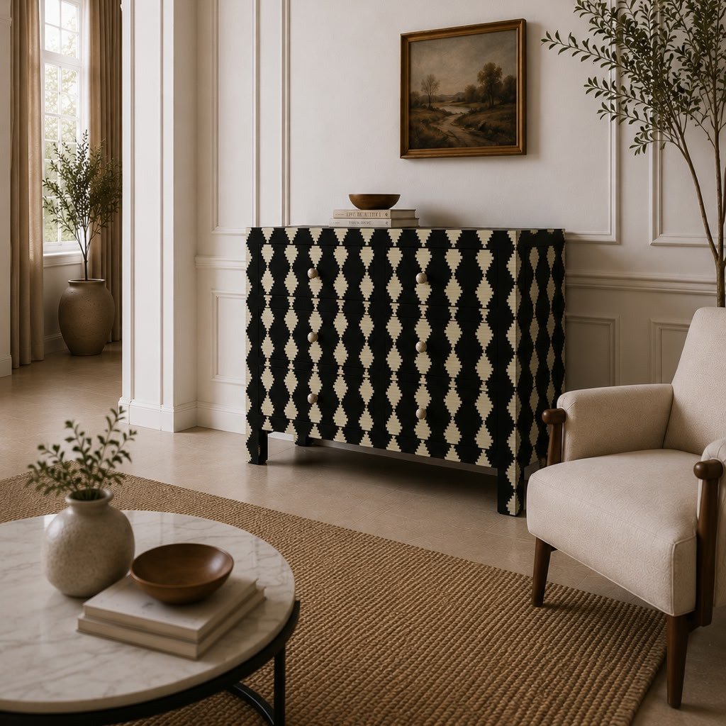 Monarch Bone Inlay Chest handcrafted with black and white geometric bone inlay, six storage drawers, measuring 140 × 45 × 90 cm.