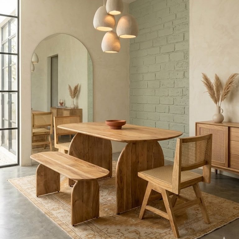 Oslo Dining Set handcrafted from solid Acacia wood featuring a 180 × 90 × 78 cm oval dining table, matching dining chairs, and a wooden bench in a natural finish.