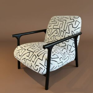 Milo Lounge Chair featuring a black powder-coated metal frame, premium geometric fabric upholstery, and modern open-arm design.