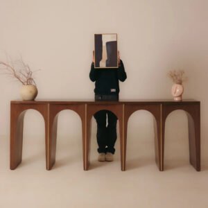 Modern solid Acacia wood console table with arched legs, brass inlay accents, walnut finish, size 210 × 40 × 90 cm.
