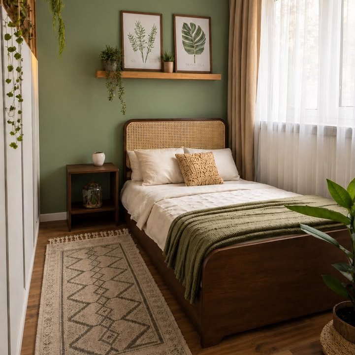 Willow Cane Bed handcrafted from solid Acacia wood with a natural cane headboard, walnut finish, and 48 × 78 inch mattress size.