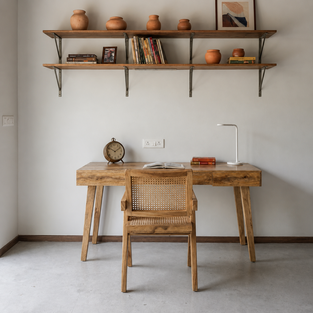 Atlas Study Desk handcrafted from solid Acacia wood featuring a spacious writing surface, storage drawer, and natural wood finish for modern home offices.