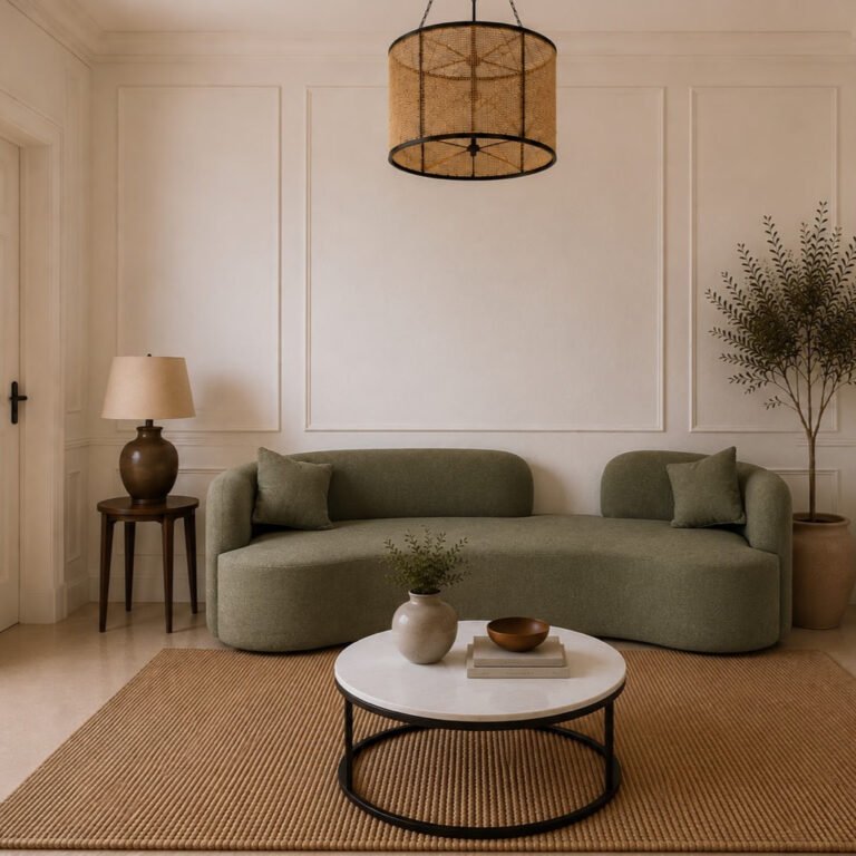 Luna Curved Sofa upholstered in premium sage green fabric with a sculptural curved design, measuring 180 × 90 × 80 cm.