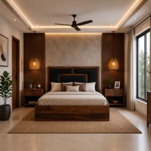 Monarch Platform Bed handcrafted from solid wood with a layered upholstered headboard, walnut finish, and king-size platform frame measuring 72 × 78 inches.