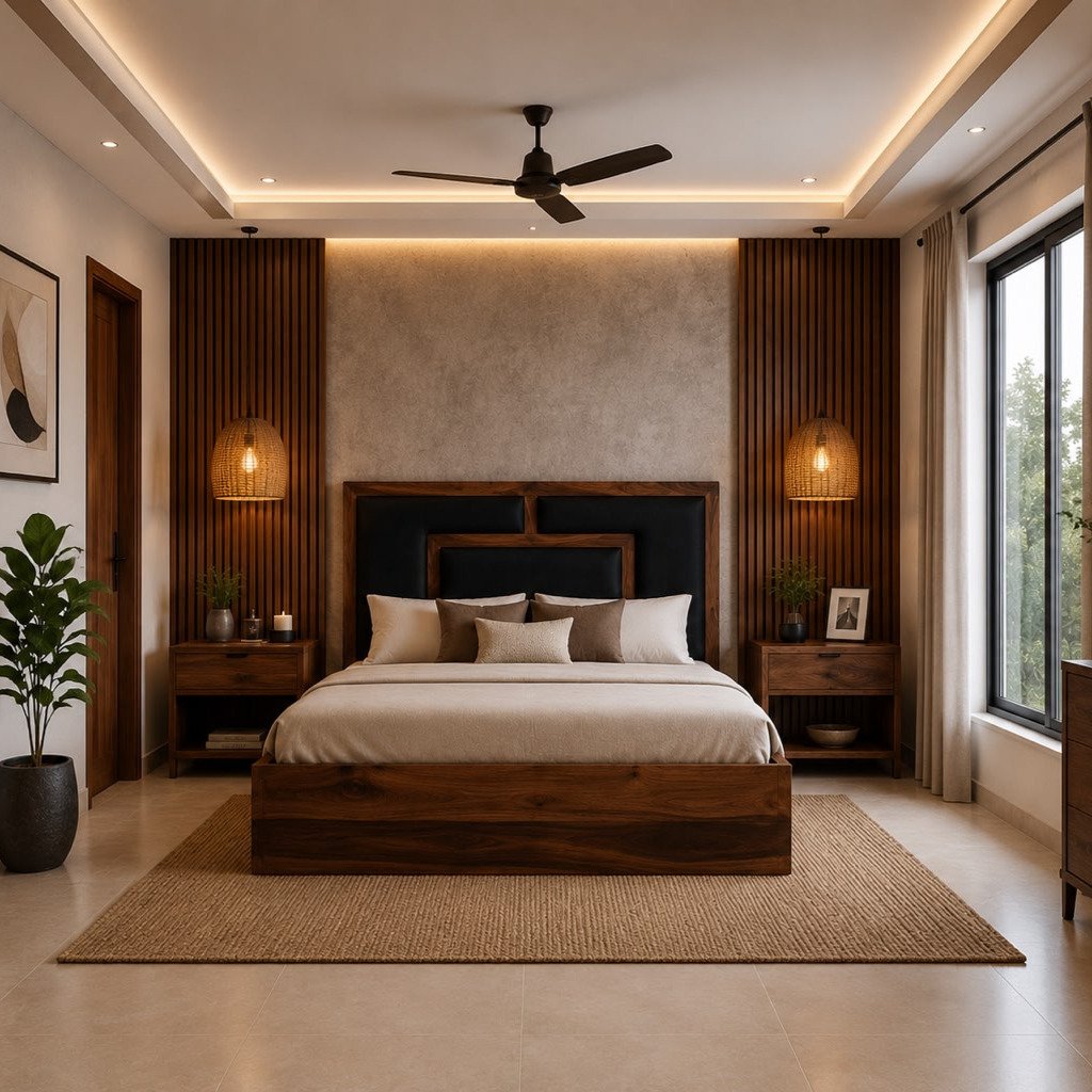 Monarch Platform Bed handcrafted from solid wood with a layered upholstered headboard, walnut finish, and king-size platform frame measuring 72 × 78 inches.