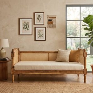 Havana Cane Sofa handcrafted from solid wood featuring a handwoven cane backrest, carved wooden frame, upholstered seat cushion, and natural walnut finish in a 3-seater design.