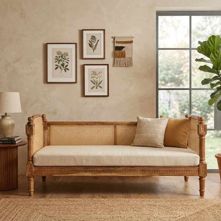 Havana Cane Sofa handcrafted from solid wood featuring a handwoven cane backrest, carved wooden frame, upholstered seat cushion, and natural walnut finish in a 3-seater design.