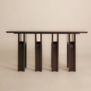 Roman Console Table crafted from solid Acacia wood with an architectural arched pedestal base in a walnut finish, measuring 182 × 40 × 90 cm.