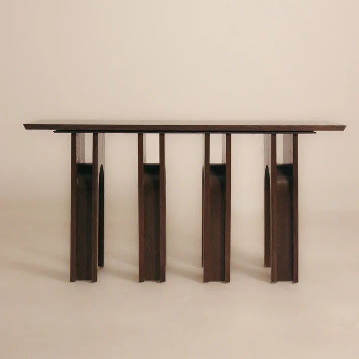 Roman Console Table crafted from solid Acacia wood with an architectural arched pedestal base in a walnut finish, measuring 182 × 40 × 90 cm.