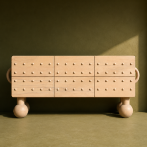 Modern solid wood sideboard with six drawers, sculptural wooden knobs, rounded corners, and spherical legs in a natural finish.