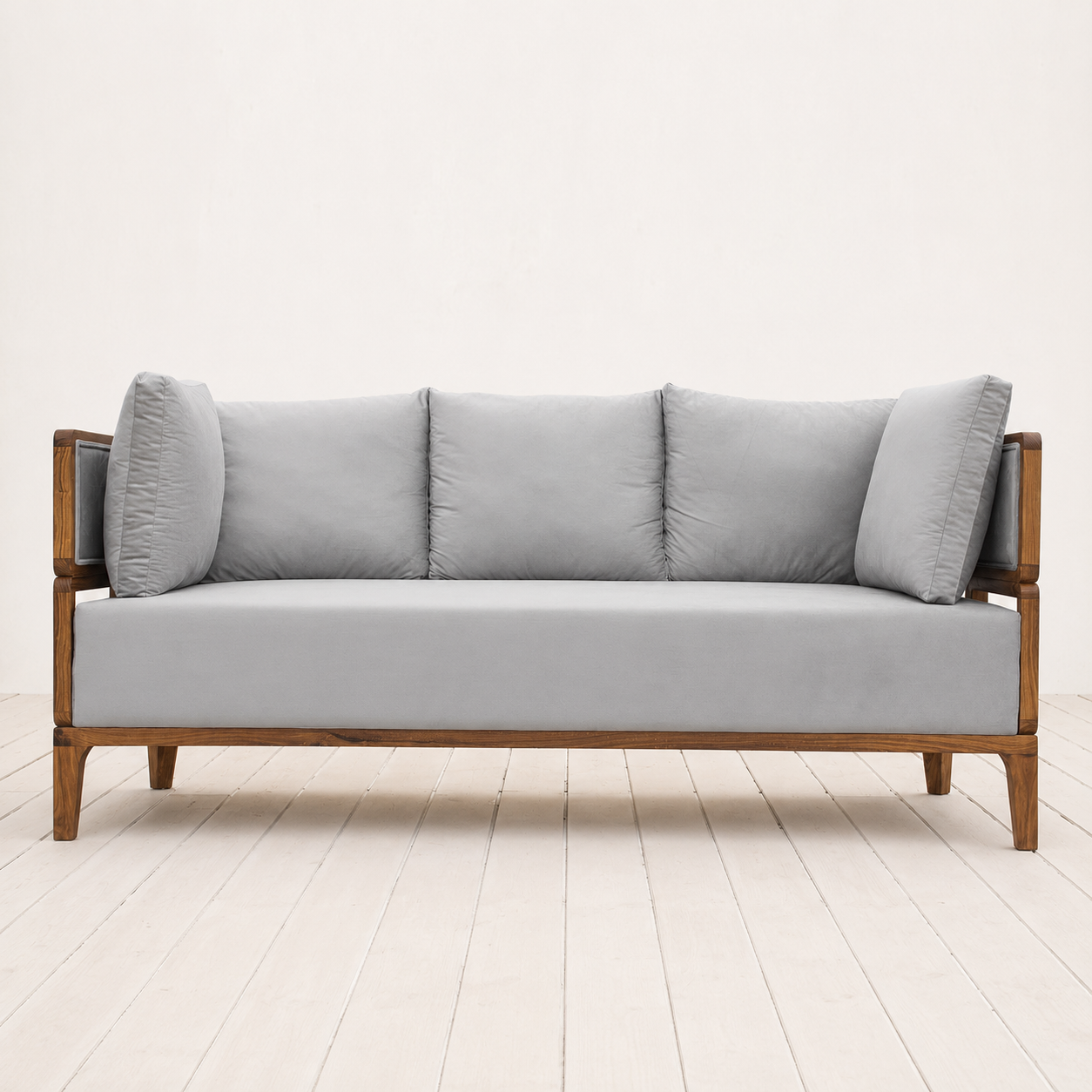 Modern 3-seater sofa with solid Acacia wood frame and light grey upholstered cushions.