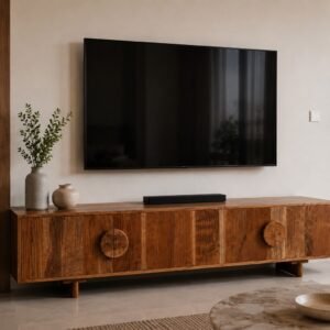Nova TV Unit handcrafted from solid wood featuring four storage doors, circular wooden handles, natural walnut finish, measuring 160 × 45 × 50 cm.