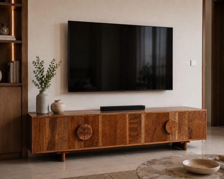 Nova TV Unit handcrafted from solid wood featuring four storage doors, circular wooden handles, natural walnut finish, measuring 160 × 45 × 50 cm.