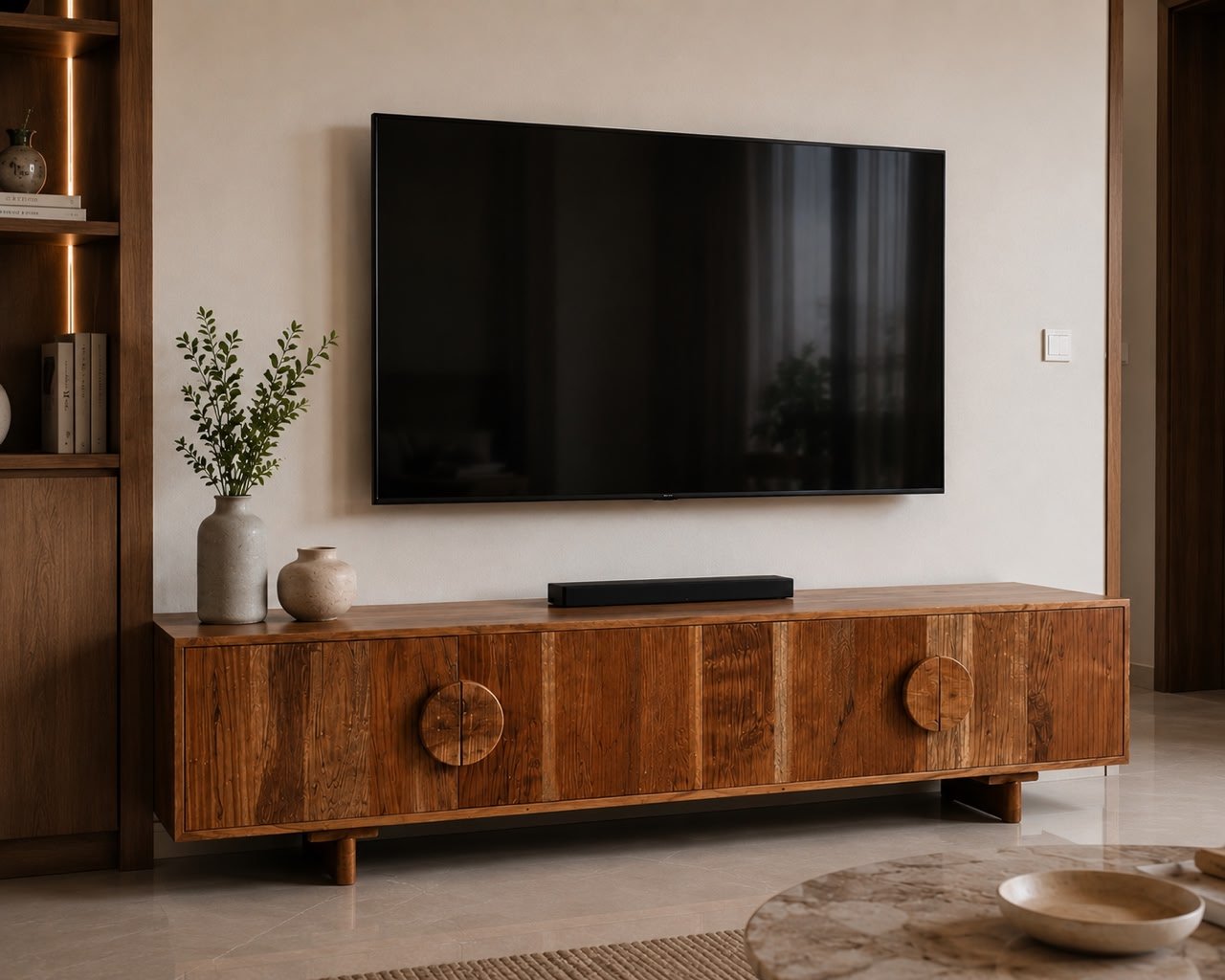 Nova TV Unit handcrafted from solid wood featuring four storage doors, circular wooden handles, natural walnut finish, measuring 160 × 45 × 50 cm.