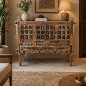 Heritage Carved Sideboard handcrafted from solid wood featuring intricate hand-carved detailing, decorative mirror inlay panels, antique metal accents, measuring 130 × 45 × 90 cm.