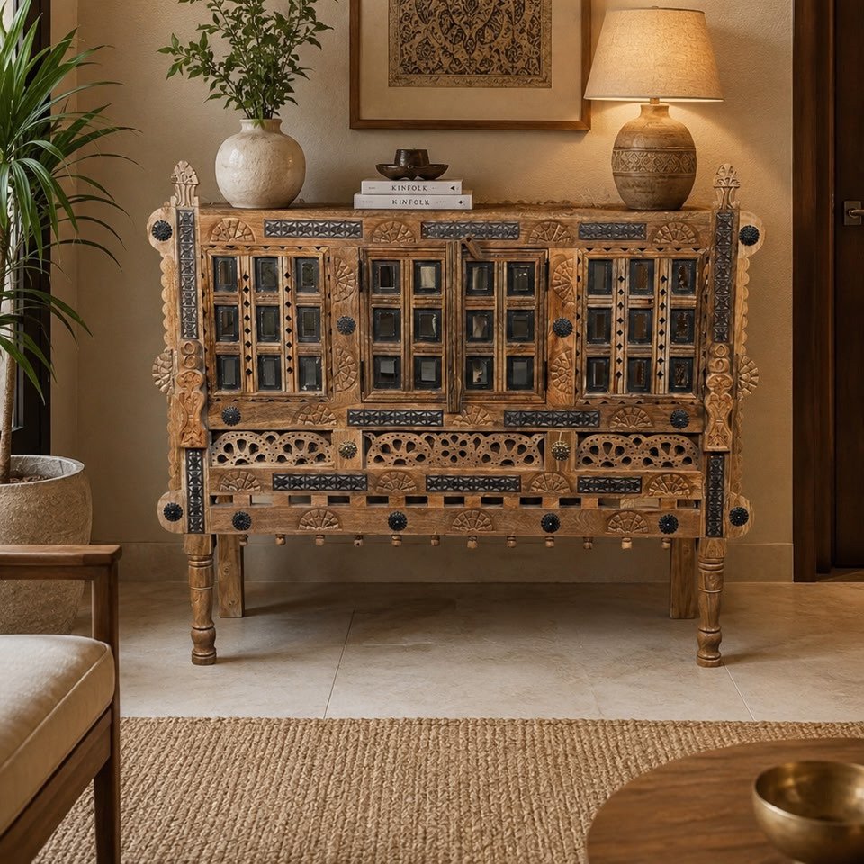 Heritage Carved Sideboard | Solid Wood Hand-Carved Storage Cabinet | 130 × 45 × 90 cm Heritage Carved Sideboard handcrafted from solid wood featuring intricate hand-carved detailing, decorative mirror inlay panels, antique metal accents, measuring 130 × 45 × 90 cm.