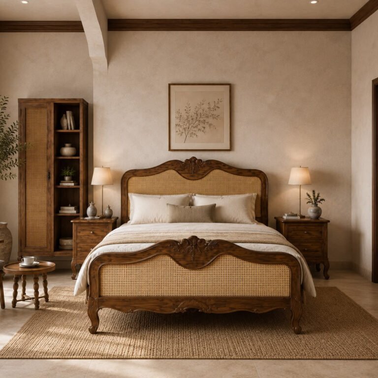 Versailles Cane Bed handcrafted from solid wood featuring handwoven cane headboard and footboard, intricate carved detailing, and a walnut finish in king size.