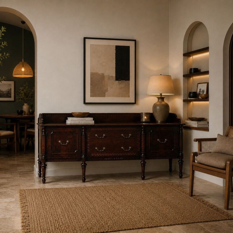 Regency Sideboard handcrafted from solid wood featuring two storage cabinets, two central drawers, carved detailing, antique brass handles, and a dark walnut finish, measuring 180 × 45 × 78 cm.