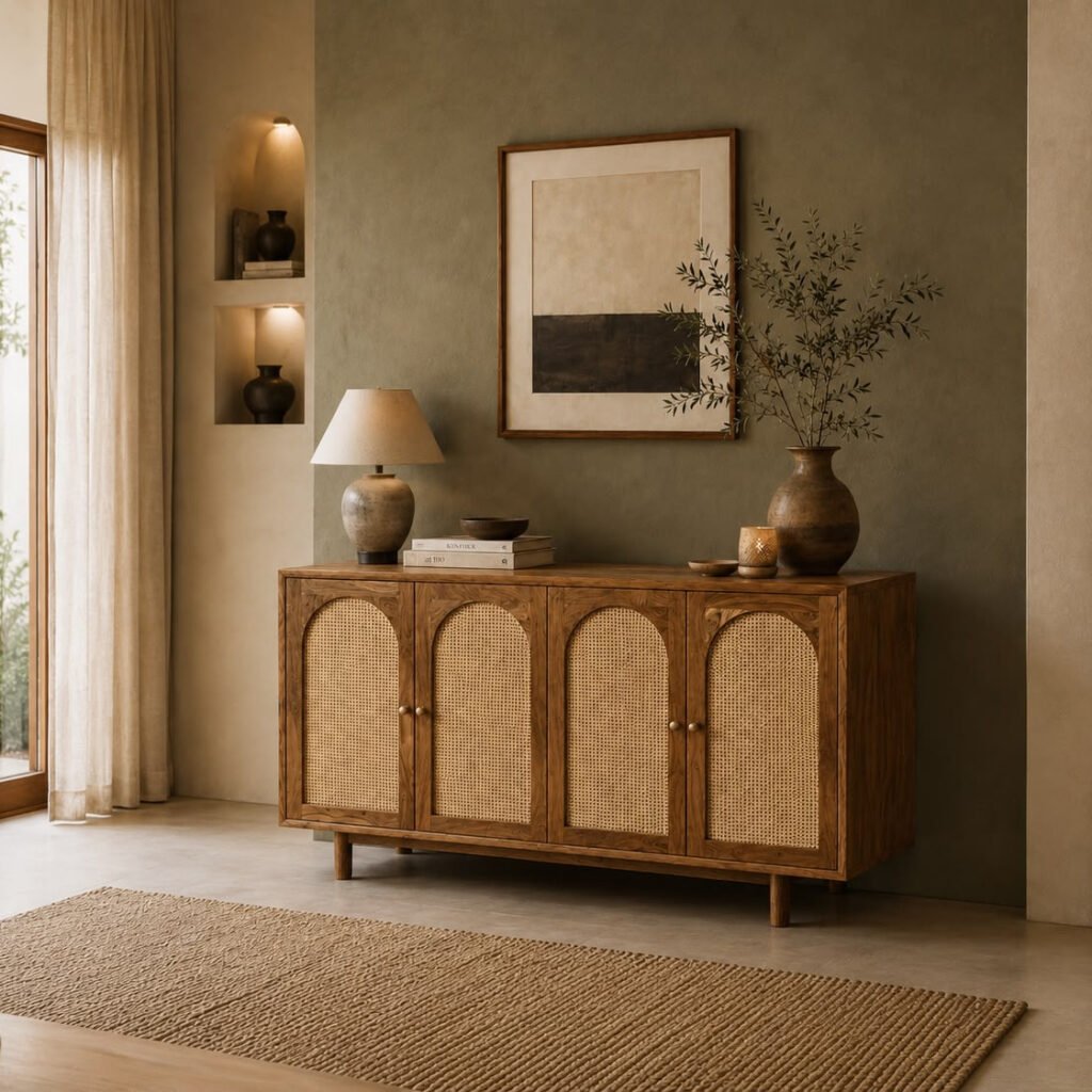 Aria Cane Sideboard handcrafted from solid wood with four arched natural cane doors and a walnut finish for modern interiors.