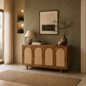 Aria Cane Sideboard handcrafted from solid wood with four arched natural cane doors and a walnut finish for modern interiors.