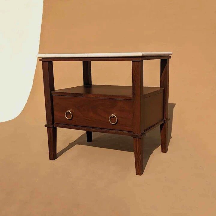 Solid Acacia wood bedside table with white marble top, one drawer, open shelf, and modern design.