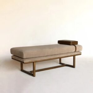 Lento Bed Bench crafted from solid Acacia wood with a premium upholstered seat and adjustable headrest cushion.