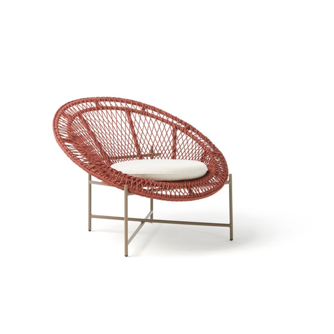 Halo Lounge Chair with terracotta handwoven rope, beige cushion, and powder-coated metal frame