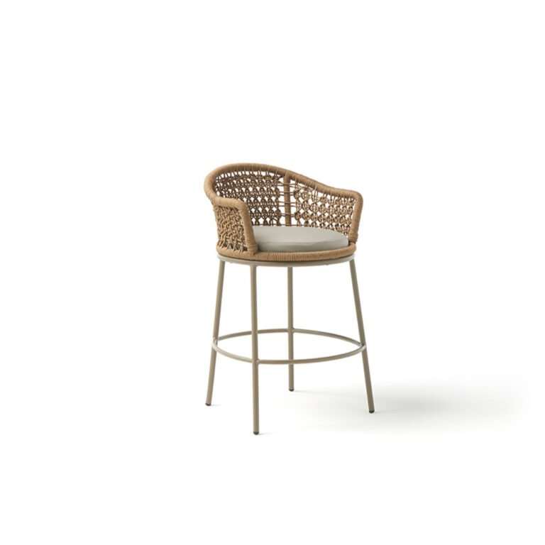 Luna Rope Bar Chair with handwoven rope back, beige cushion, and powder-coated metal frame.