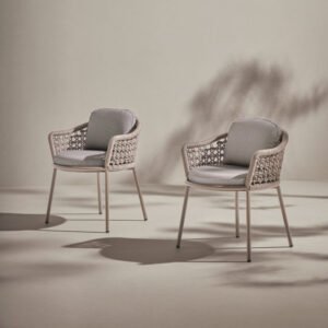 Luna Rope Chair with handwoven rope design, beige cushions, and powder-coated metal frame.