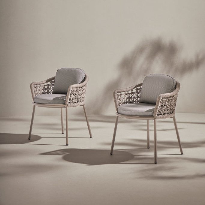 Luna Rope Chair with handwoven rope design, beige cushions, and powder-coated metal frame.
