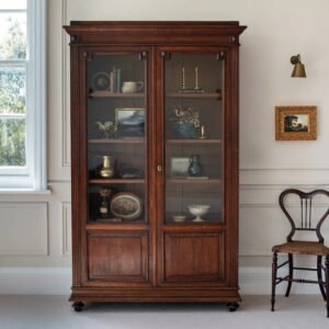 Antique style wooden glass cabinet with two doors and multiple shelves.