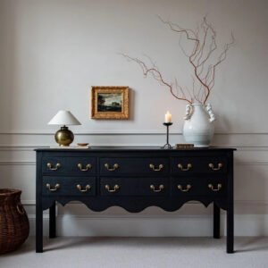 Royal Heritage wooden sideboard with six drawers, brass-finish handles, and scalloped detailing