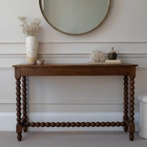 Traditional wooden console table with turned spindle legs and decorative lower stretcher
