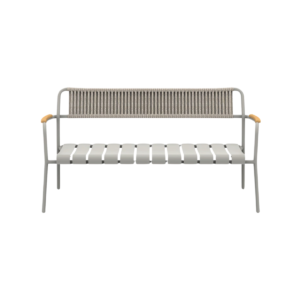 Outdoor Rope Sofa with grey metal frame, woven rope backrest, slatted seat and natural wood-tone armrest accents, modern two seater garden sofa.