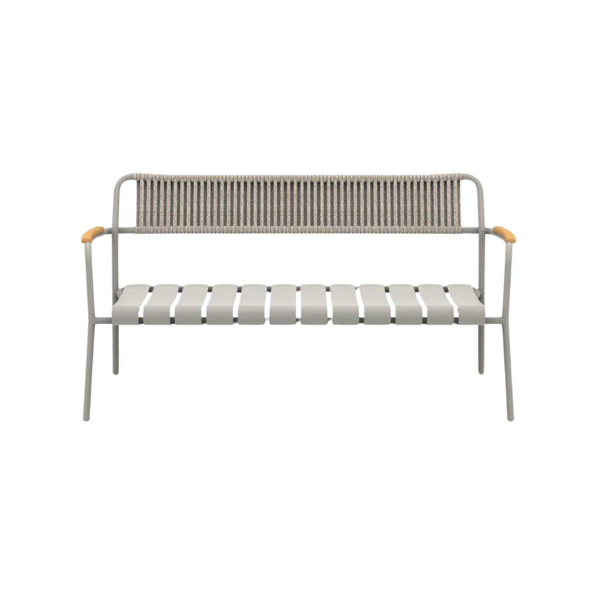 Outdoor Rope Sofa with grey metal frame, woven rope backrest, slatted seat and natural wood-tone armrest accents, modern two seater garden sofa.