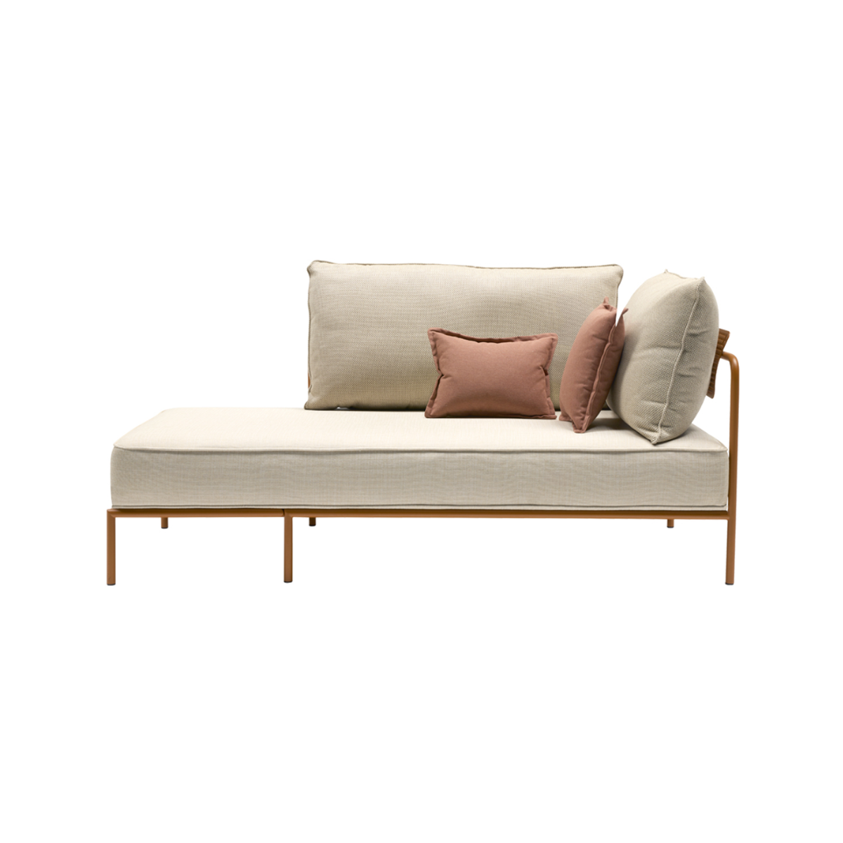Dahlia Lounge Chaise with cream upholstered cushions, bronze-toned metal frame and pink accent pillows, 180 × 66 × 66 cm.