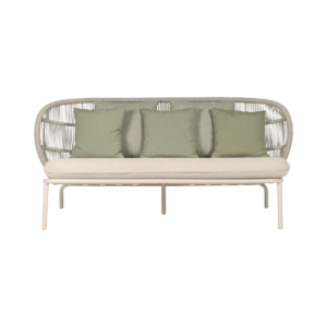 Modern 3 seater sofa with curved woven rope backrest, beige metal frame, cream seat cushion and sage green pillows, 165 × 77 × 78 cm.