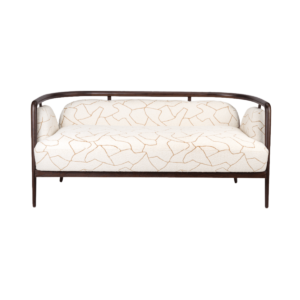 Curved Sofa with dark brown metal frame and cream beige patterned fabric upholstery, modern two seater sofa for living room.