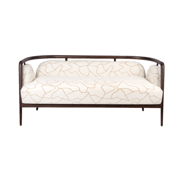 Curved Sofa with dark brown metal frame and cream beige patterned fabric upholstery, modern two seater sofa for living room.