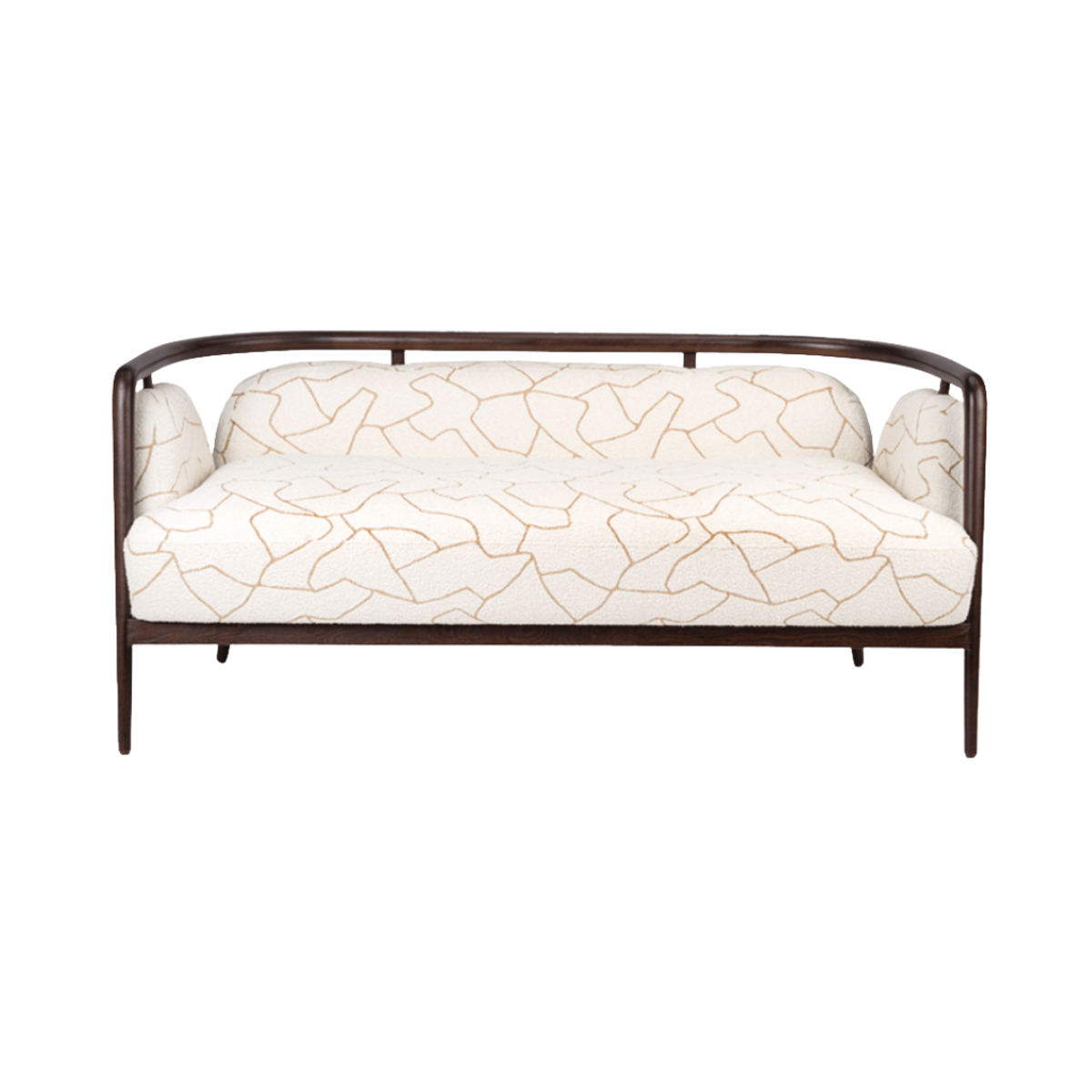 Curved Sofa with dark brown metal frame and cream beige patterned fabric upholstery, modern two seater sofa for living room.