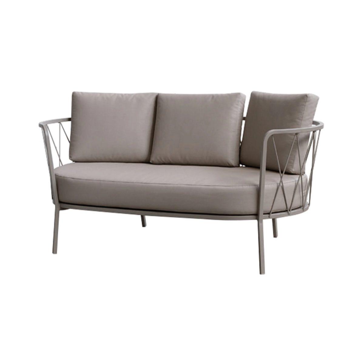 Modern grey 2 seater sofa with metal frame, geometric wire armrests, thick upholstered seat cushion and three back cushions, 165 × 80 × 83 cm.