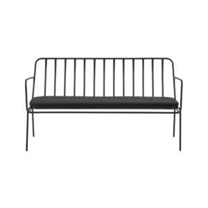 Black Metal Sofa with vertical bar backrest, slim black metal frame, open armrests and upholstered cushioned seat, modern two seater sofa.