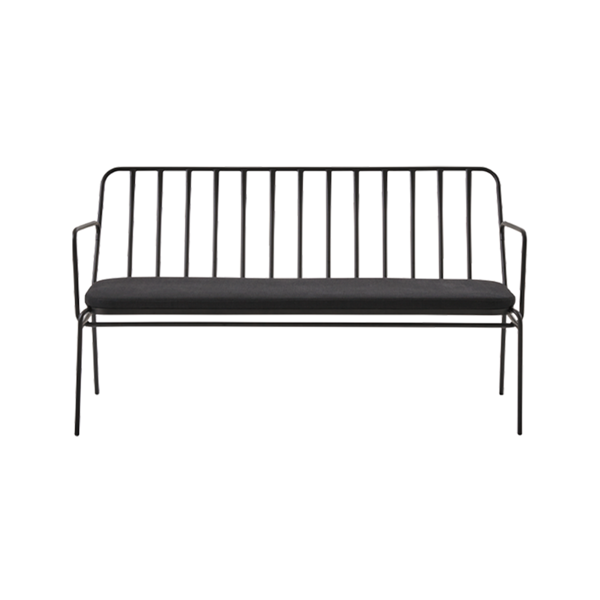 Black Metal Sofa with vertical bar backrest, slim black metal frame, open armrests and upholstered cushioned seat, modern two seater sofa.