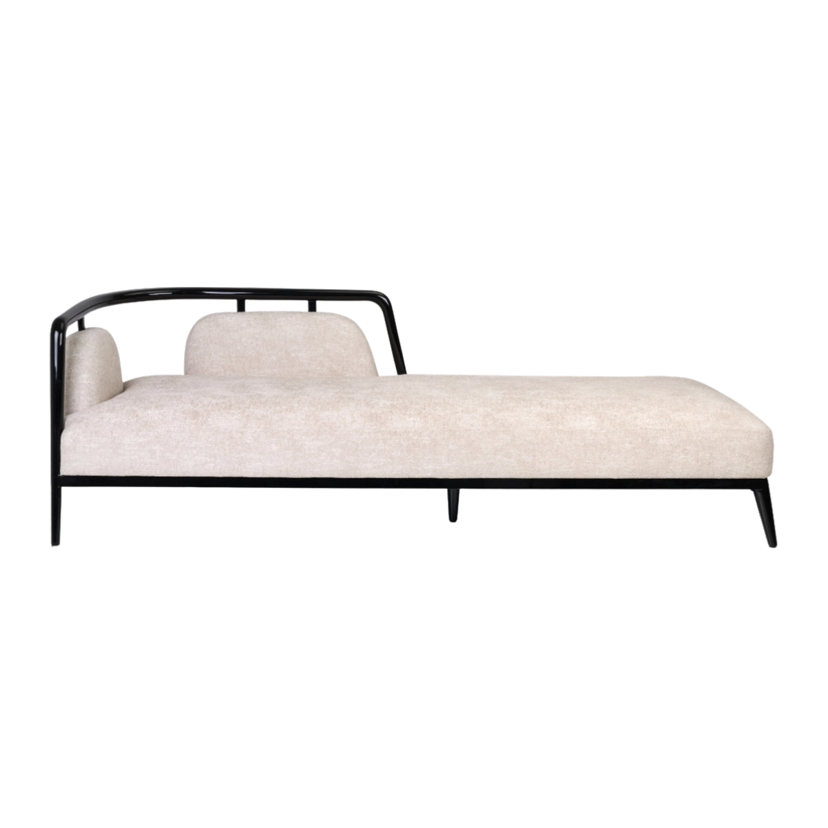 Modern upholstered chaise lounge with beige fabric cushioning, black metal frame, curved armrest and comfortable elongated seating, 200 × 82 × 65 cm.