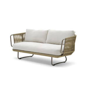 Babylon modern 2 seater sofa with woven rope armrests, metal frame, cream upholstered cushions and sled-style legs, 227 × 88 × 75 cm.