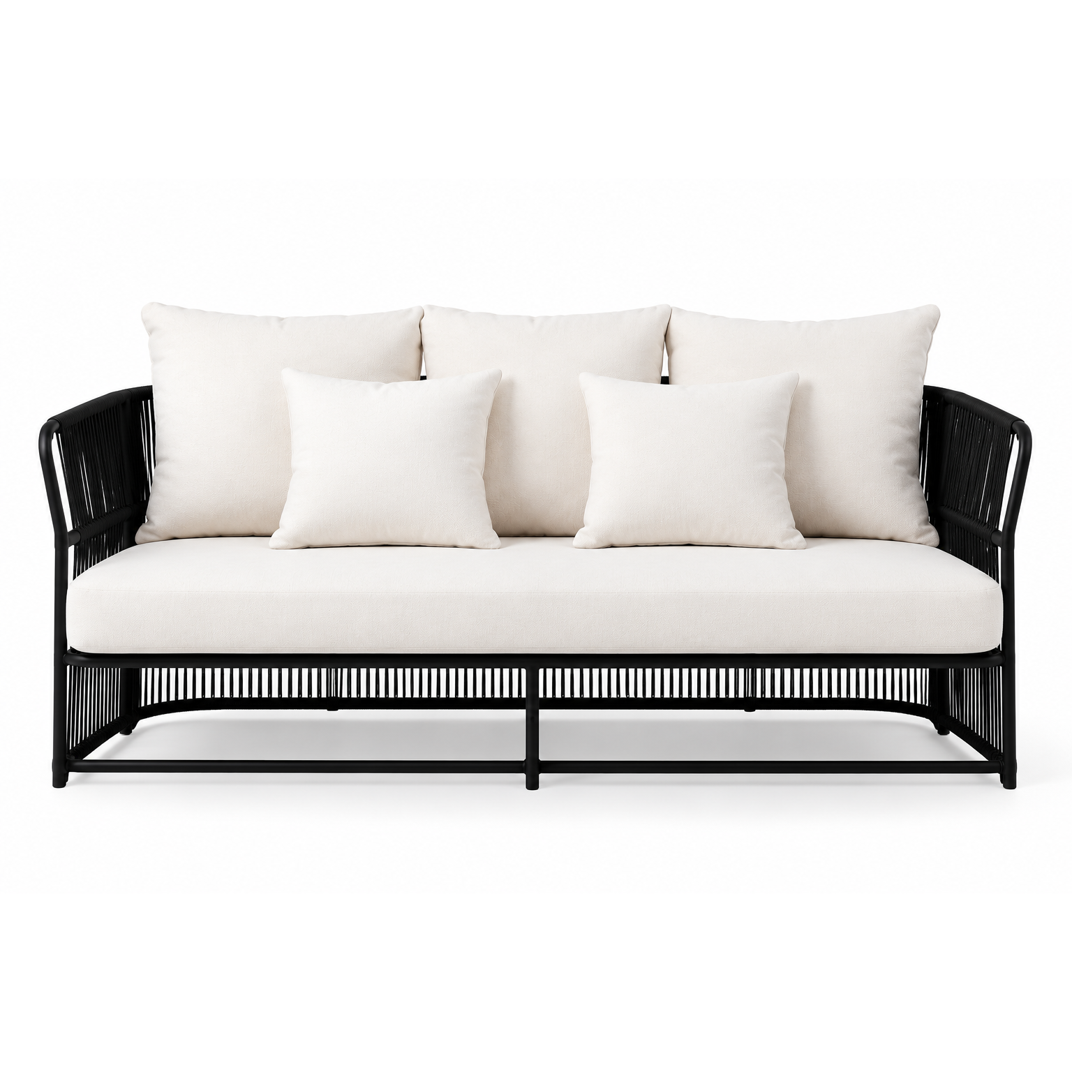 Modern 3-seater rope weave sofa with black metal frame, curved armrests, off-white upholstered seat cushion, and plush back pillows on a white background.